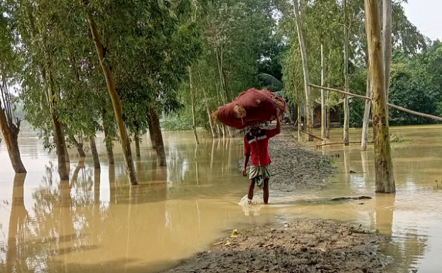 বন্যার পানি কমে সড়ক ভেসে উঠলেও মানুষের দুর্ভোগ কমেনি। শনিবার বিকেলে শেরপু‌রের না‌লিতাবাড়ী‌ উপজেলার বাথুয়ারকান্দা এলাকায়